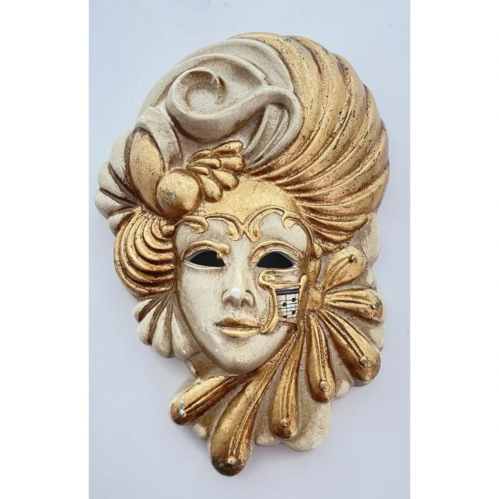 Vtg Laguna Ceramic Hand Painted Venetian Mask Made In Italy Gold Musical Notes